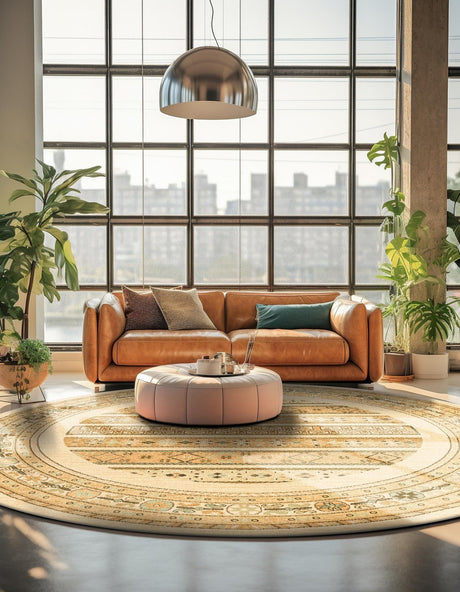 Ivory 8' x 8' Fars Round Area Rug 100% Polypropylene Unique Traditional Carpet for Classical Living, Dining Room & Office Spaces for Sale at Rug Engine