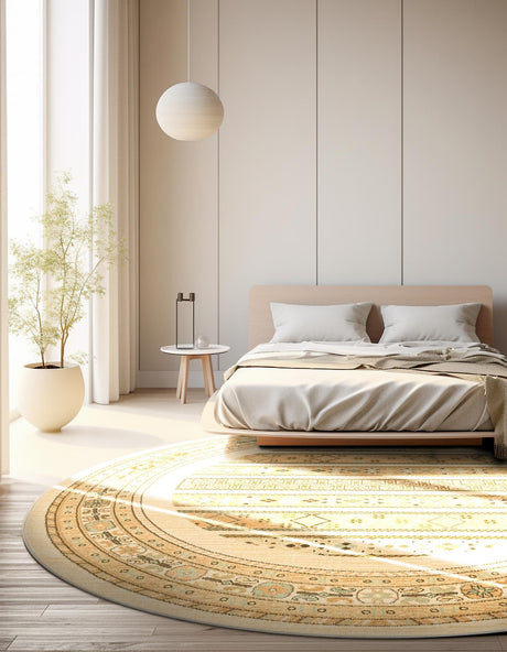 Ivory 8' x 8' Fars Round Area Rug 100% Polypropylene Unique Traditional Carpet for Classical Living, Dining Room & Office Spaces for Sale at Rug Engine