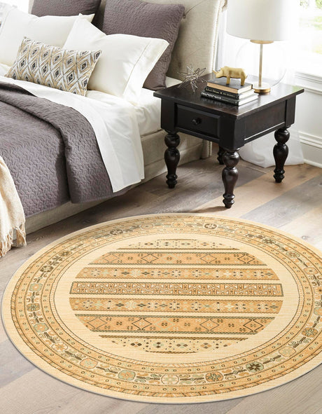 Ivory 8' x 8' Fars Round Area Rug 100% Polypropylene Unique Traditional Carpet for Classical Living, Dining Room & Office Spaces for Sale at Rug Engine