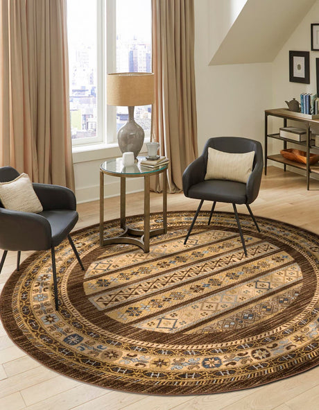 Brown 8' x 8' Fars Round Area Rug 100% Polypropylene Unique Traditional Carpet for Classical Living, Dining Room & Office Spaces for Sale at Rug Engine