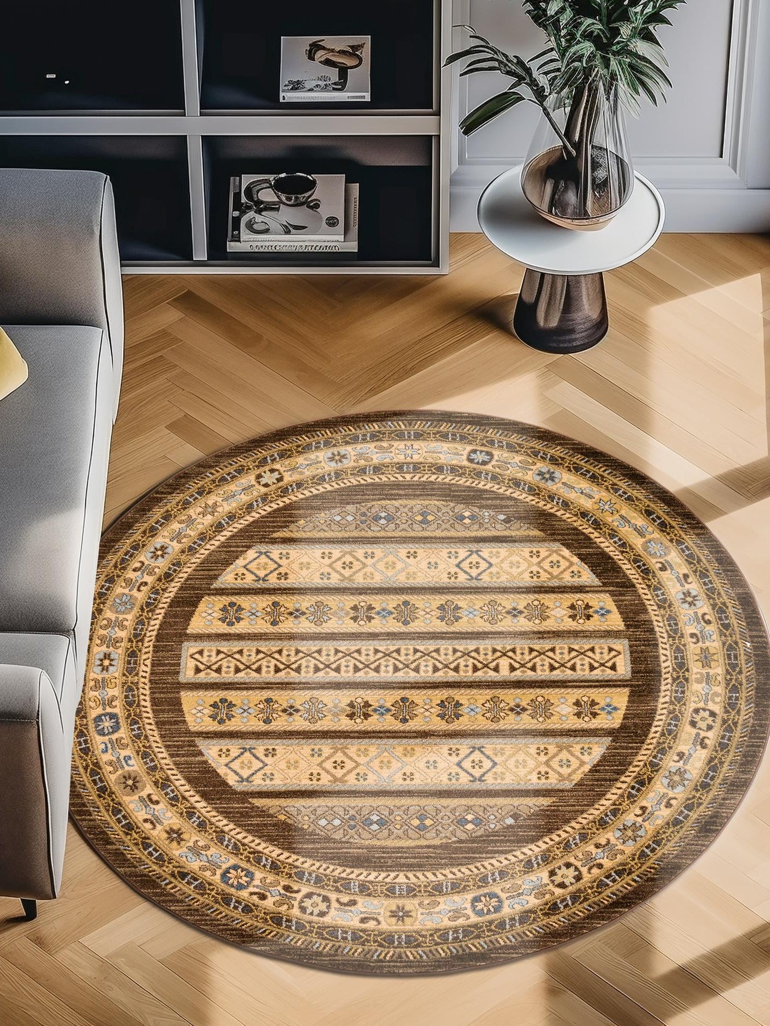 Brown 6' 1 x 6' 1 Fars Round Area Rug 100% Polypropylene Unique Traditional Carpet for Classical Living, Dining Room & Office Spaces for Sale at Rug Engine