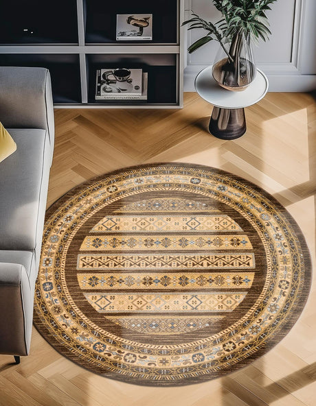 Brown 6' 1 x 6' 1 Fars Round Area Rug 100% Polypropylene Unique Traditional Carpet for Classical Living, Dining Room & Office Spaces for Sale at Rug Engine