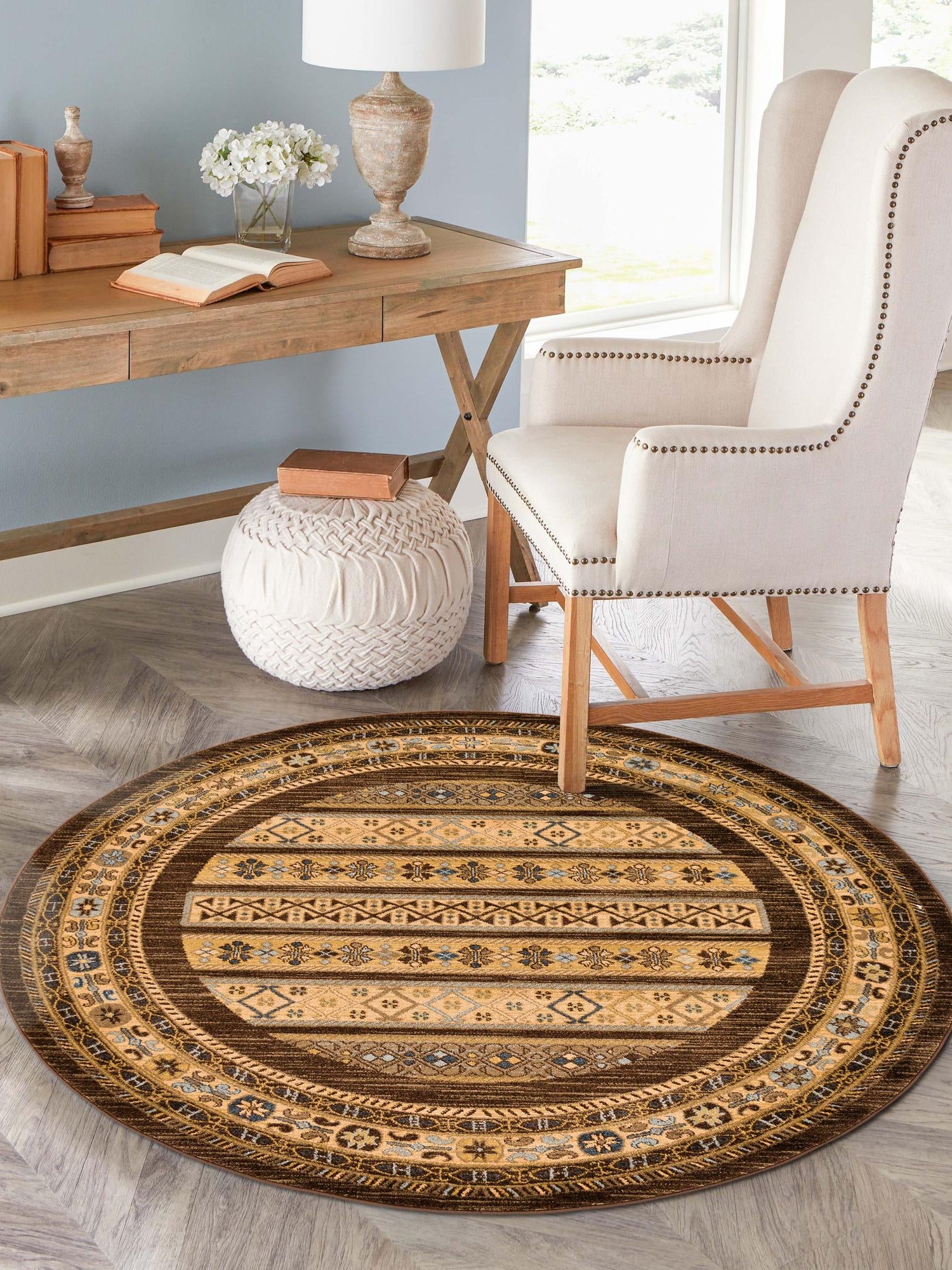 Brown 6' 1 x 6' 1 Fars Round Area Rug 100% Polypropylene Unique Traditional Carpet for Classical Living, Dining Room & Office Spaces for Sale at Rug Engine