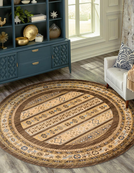 Brown 8' x 8' Fars Round Area Rug 100% Polypropylene Unique Traditional Carpet for Classical Living, Dining Room & Office Spaces for Sale at Rug Engine