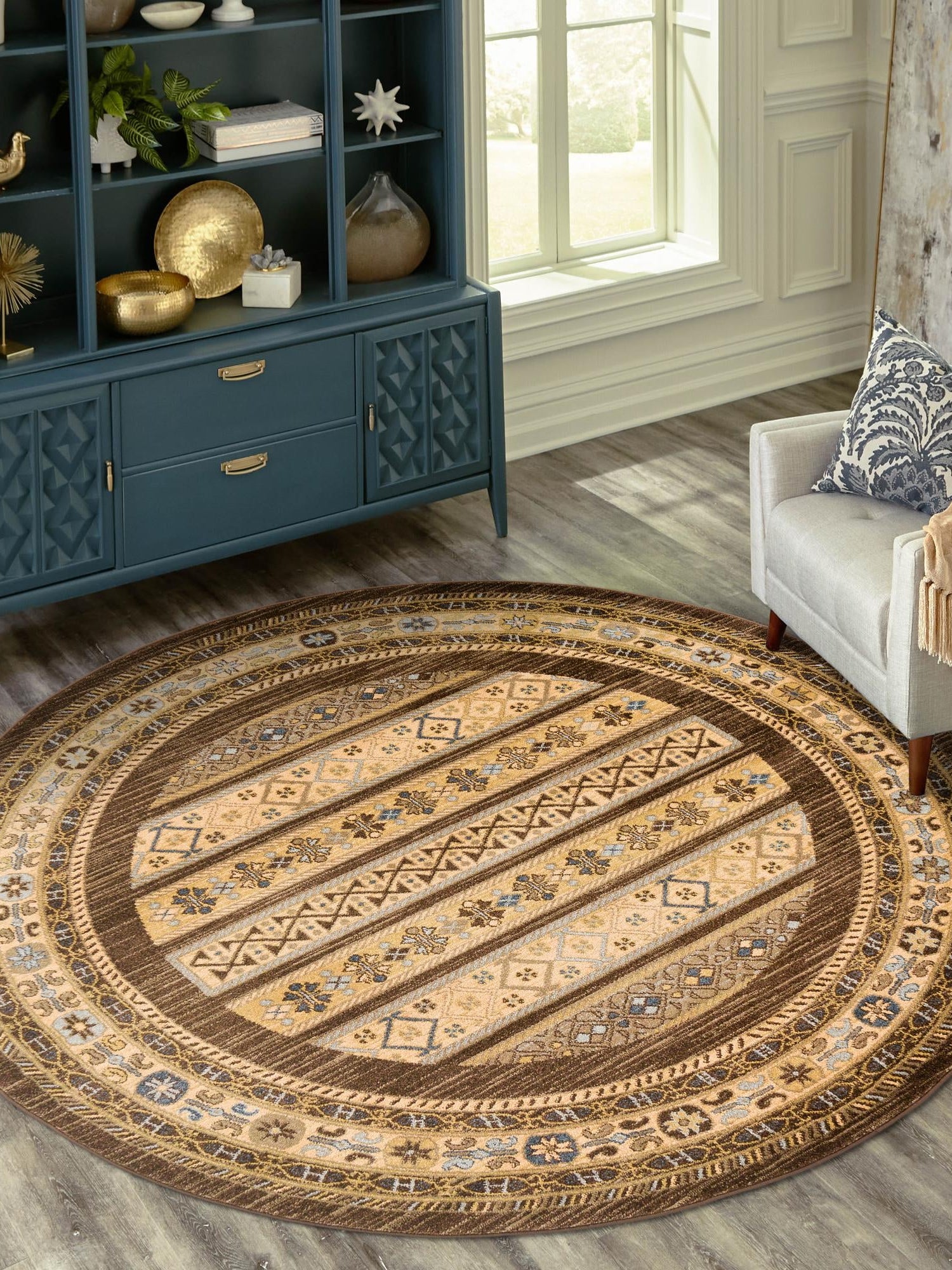Brown 6' 1 x 6' 1 Fars Round Area Rug 100% Polypropylene Unique Traditional Carpet for Classical Living, Dining Room & Office Spaces for Sale at Rug Engine