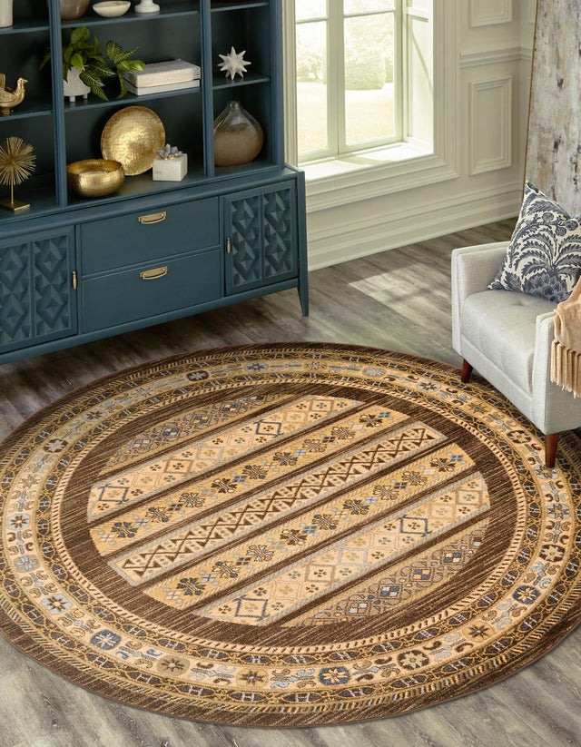 Brown 6' 1 x 6' 1 Fars Round Area Rug 100% Polypropylene Unique Traditional Carpet for Classical Living, Dining Room & Office Spaces for Sale at Rug Engine