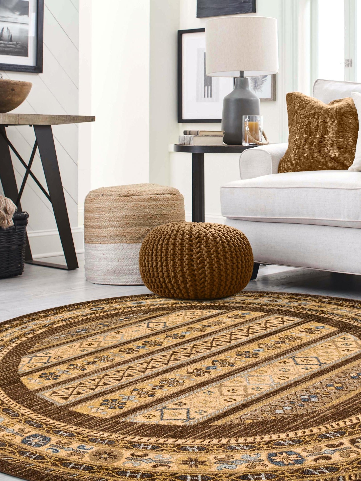 Brown 6' 1 x 6' 1 Fars Round Area Rug 100% Polypropylene Unique Traditional Carpet for Classical Living, Dining Room & Office Spaces for Sale at Rug Engine