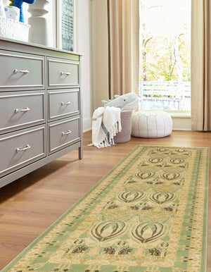 Light Green 2' 7 x 10' Edinburgh Runner Area Rug 100% Polypropylene Easy Clean With Cotton Backing Traditional Classic Design Carpet for Living, Dining Room, Office for Sale at Rug Engine