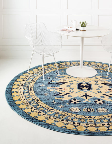 Light Blue 7' 10 x 7' 10 Taftan Round Area Rug Durable 100% Polypropylene Classic Traditional Design Easy Clean Carpet for Home Interiors for Sale at Rug Engine