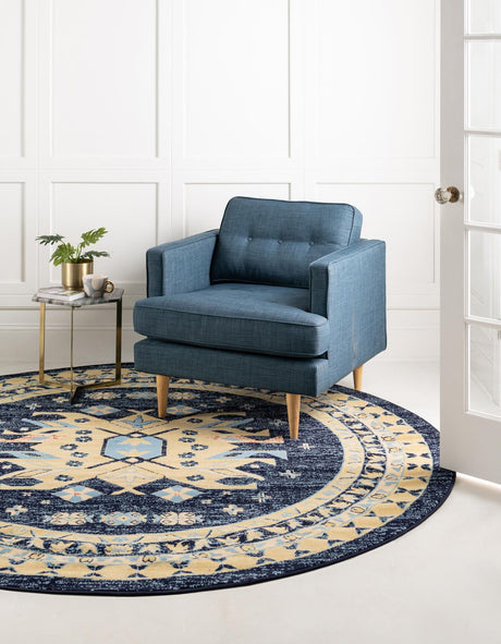 Navy Blue 7' 10 x 7' 10 Taftan Round Area Rug Durable 100% Polypropylene Classic Traditional Design Easy Clean Carpet for Home Interiors for Sale at Rug Engine