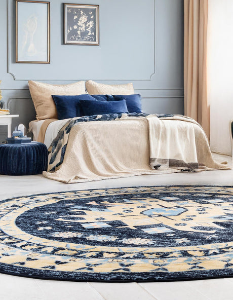 Navy Blue 7' 10 x 7' 10 Taftan Round Area Rug Durable 100% Polypropylene Classic Traditional Design Easy Clean Carpet for Home Interiors for Sale at Rug Engine