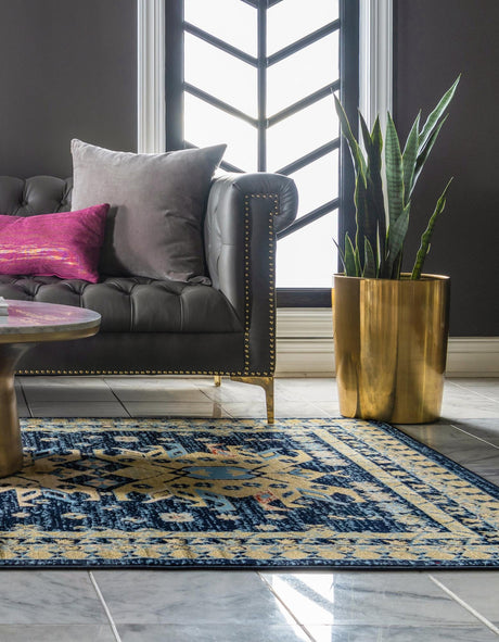 Navy Blue 5' 3 x 8' Taftan Rectangle Area Rug Durable 100% Polypropylene Classic Traditional Design Easy Clean Carpet for Home Interiors for Sale at Rug Engine