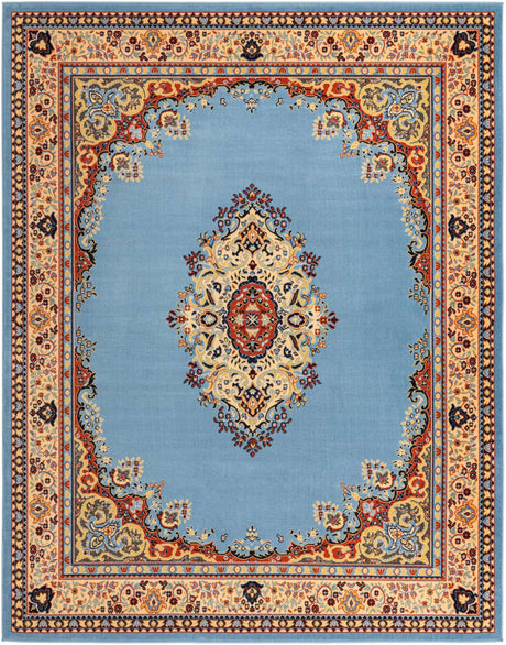 Light Blue 7' 10 x 10' Reza Rectangle Area Rug 100% Polypropylene Easy Clean Traditional Motif Classic Carpet for Home Interiors for Sale at Rug Engine