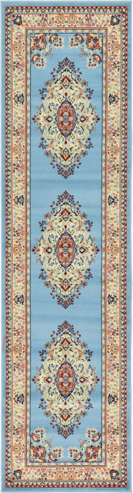 Light Blue 2' 7 x 10' Reza Runner Area Rug 100% Polypropylene Easy Clean Traditional Motif Classic Carpet for Home Interiors for Sale at Rug Engine