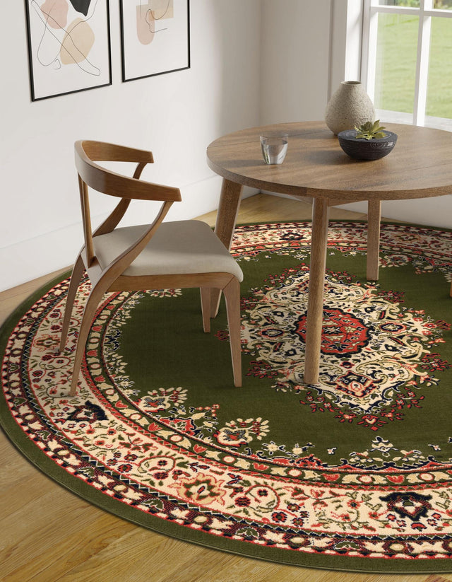 Green 7' 10 x 7' 10 Reza Round Area Rug 100% Polypropylene Easy Clean Traditional Motif Classic Carpet for Home Interiors for Sale at Rug Engine