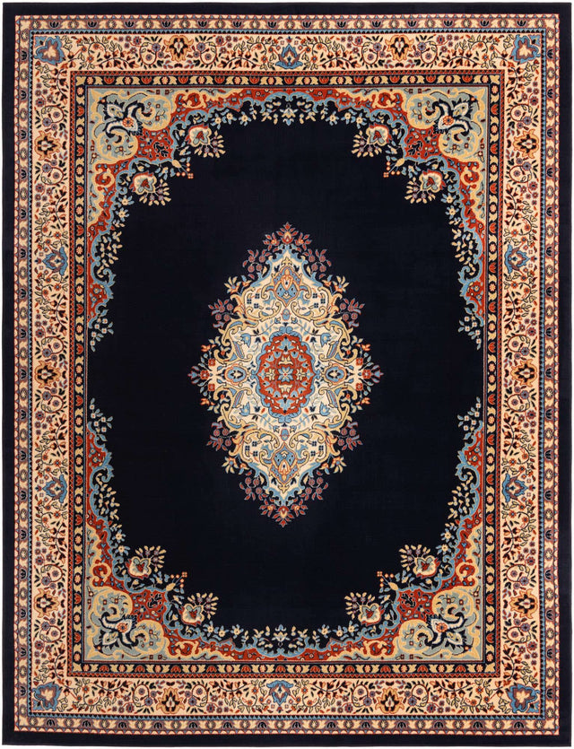 Navy Blue 10' x 13' 1 Reza Rectangle Area Rug 100% Polypropylene Easy Clean Traditional Motif Classic Carpet for Home Interiors for Sale at Rug Engine