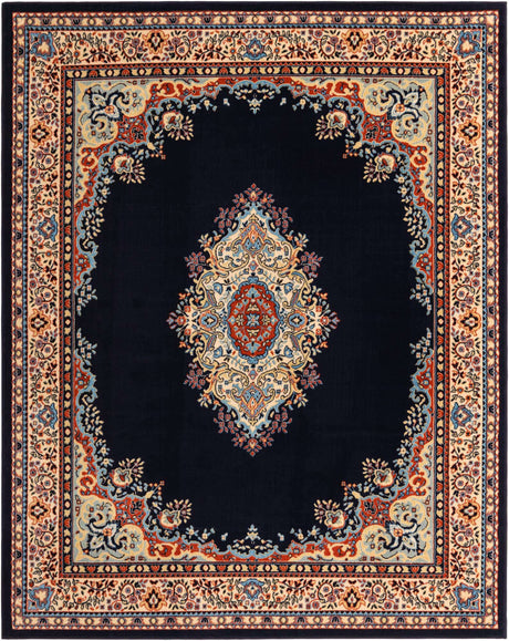 Navy Blue 7' 10 x 10' Reza Rectangle Area Rug 100% Polypropylene Easy Clean Traditional Motif Classic Carpet for Home Interiors for Sale at Rug Engine