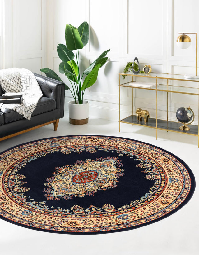 Navy Blue 7' 10 x 7' 10 Reza Round Area Rug 100% Polypropylene Easy Clean Traditional Motif Classic Carpet for Home Interiors for Sale at Rug Engine