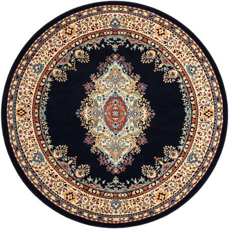 Navy Blue 7' 10 x 7' 10 Reza Round Area Rug 100% Polypropylene Easy Clean Traditional Motif Classic Carpet for Home Interiors for Sale at Rug Engine