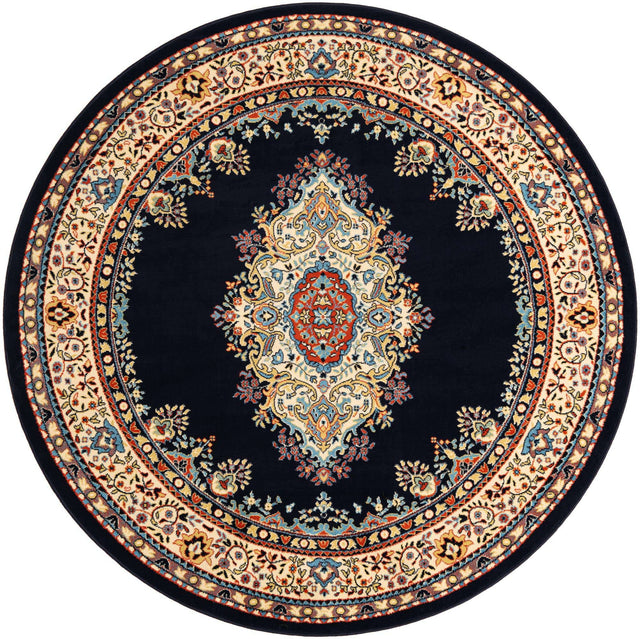 Navy Blue 7' 10 x 7' 10 Reza Round Area Rug 100% Polypropylene Easy Clean Traditional Motif Classic Carpet for Home Interiors for Sale at Rug Engine