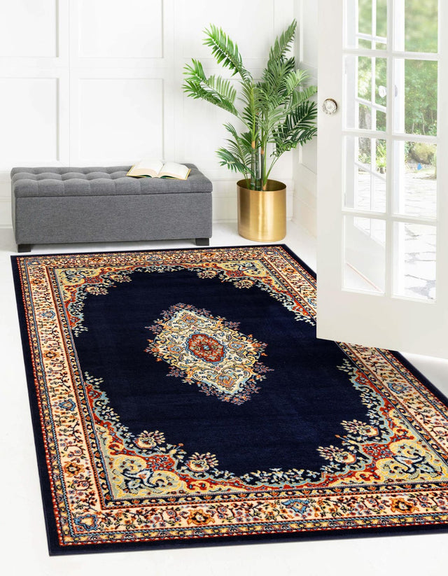 Navy Blue 4' 1 x 6' 1 Reza Rectangle Area Rug 100% Polypropylene Easy Clean Traditional Motif Classic Carpet for Home Interiors for Sale at Rug Engine