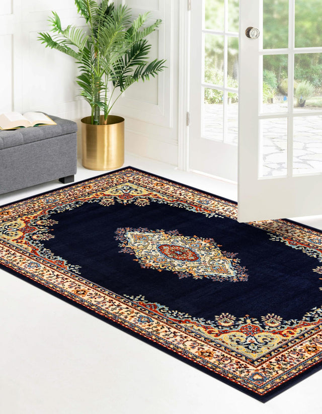 Navy Blue 4' 1 x 6' 1 Reza Rectangle Area Rug 100% Polypropylene Easy Clean Traditional Motif Classic Carpet for Home Interiors for Sale at Rug Engine