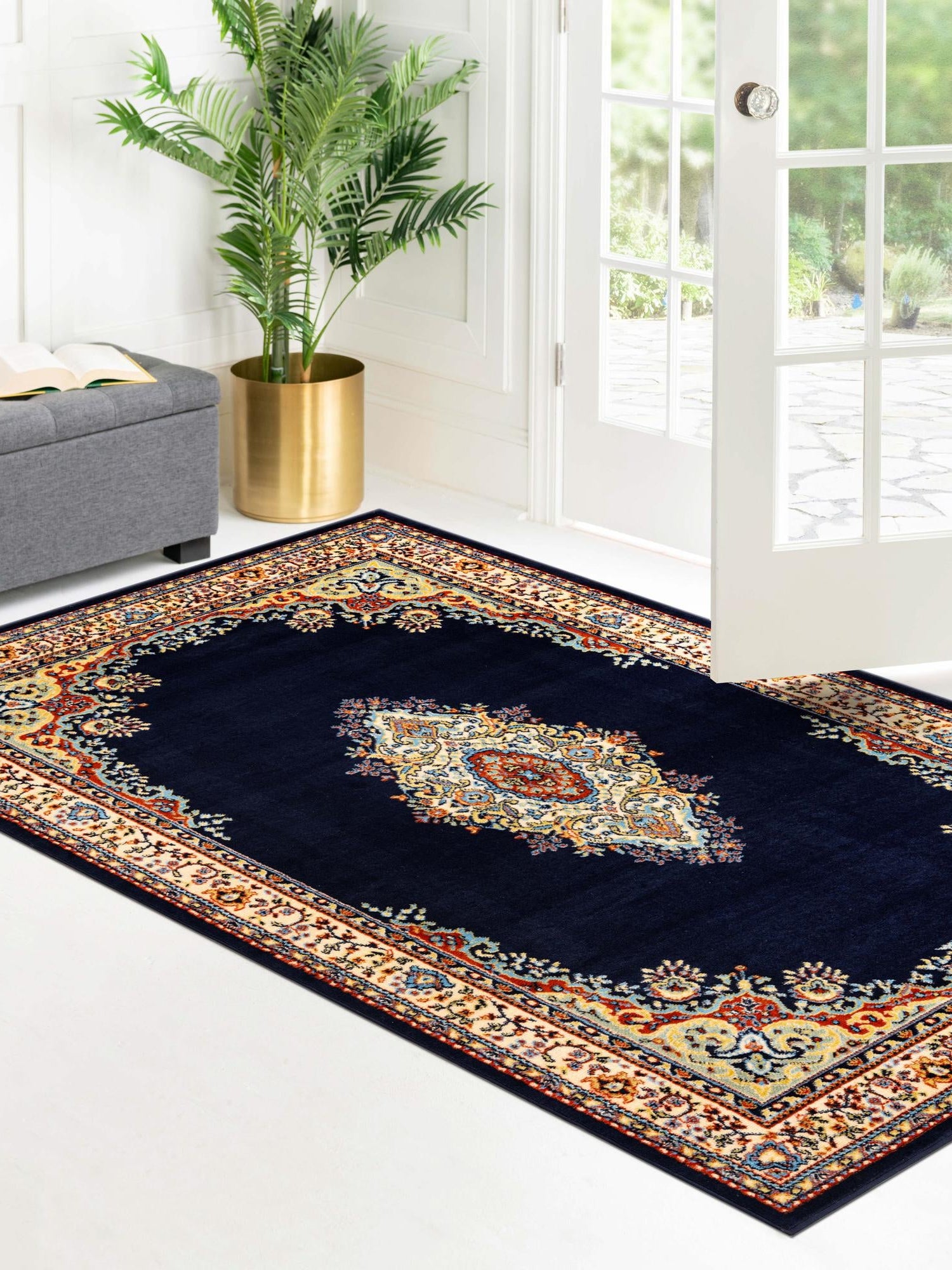 Navy Blue 5' 3 x 8' Reza Rectangle Area Rug 100% Polypropylene Easy Clean Traditional Motif Classic Carpet for Home Interiors for Sale at Rug Engine