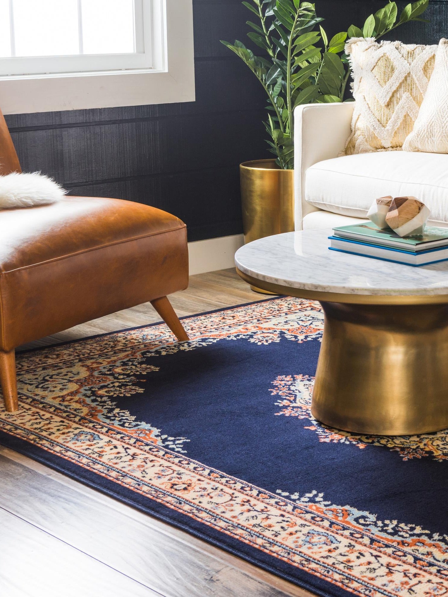 Navy Blue 5' 3 x 8' Reza Rectangle Area Rug 100% Polypropylene Easy Clean Traditional Motif Classic Carpet for Home Interiors for Sale at Rug Engine