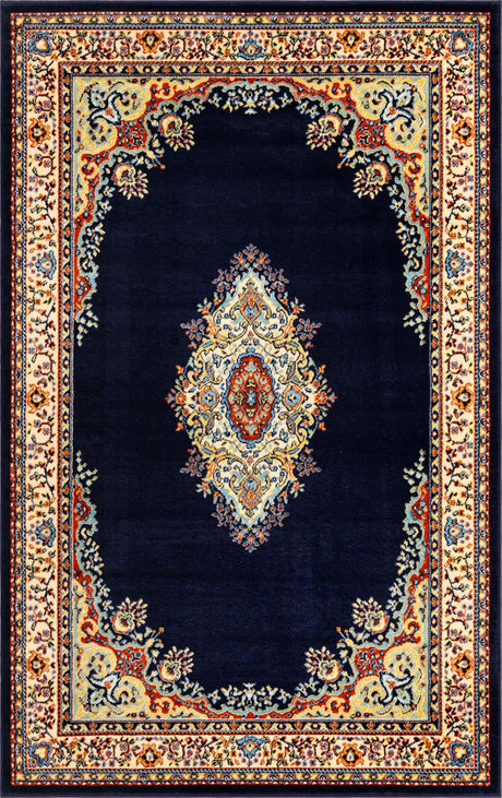 Navy Blue 5' 3 x 8' Reza Rectangle Area Rug 100% Polypropylene Easy Clean Traditional Motif Classic Carpet for Home Interiors for Sale at Rug Engine