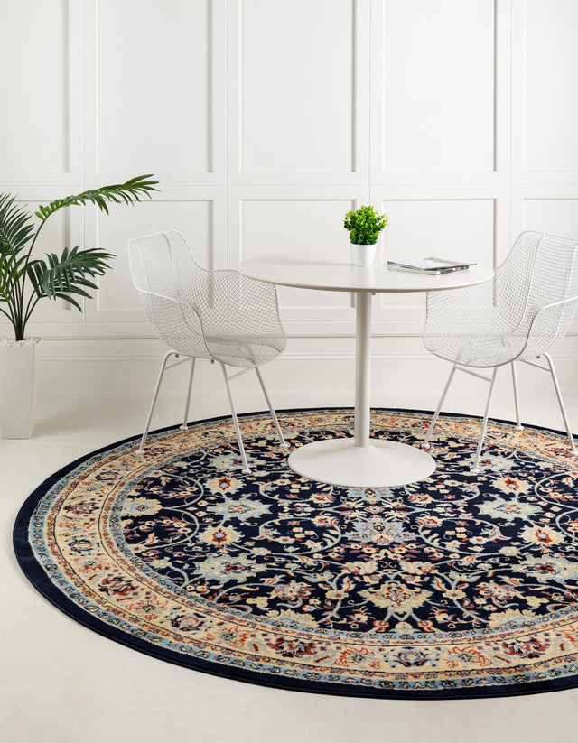 Navy Blue 3' 1 x 3' 1 Sialk Hill Round Area Rug 100% Polypropylene Durable Easy Clean Classic Traditional Design Carpet for Interior Design for Sale at Rug Engine