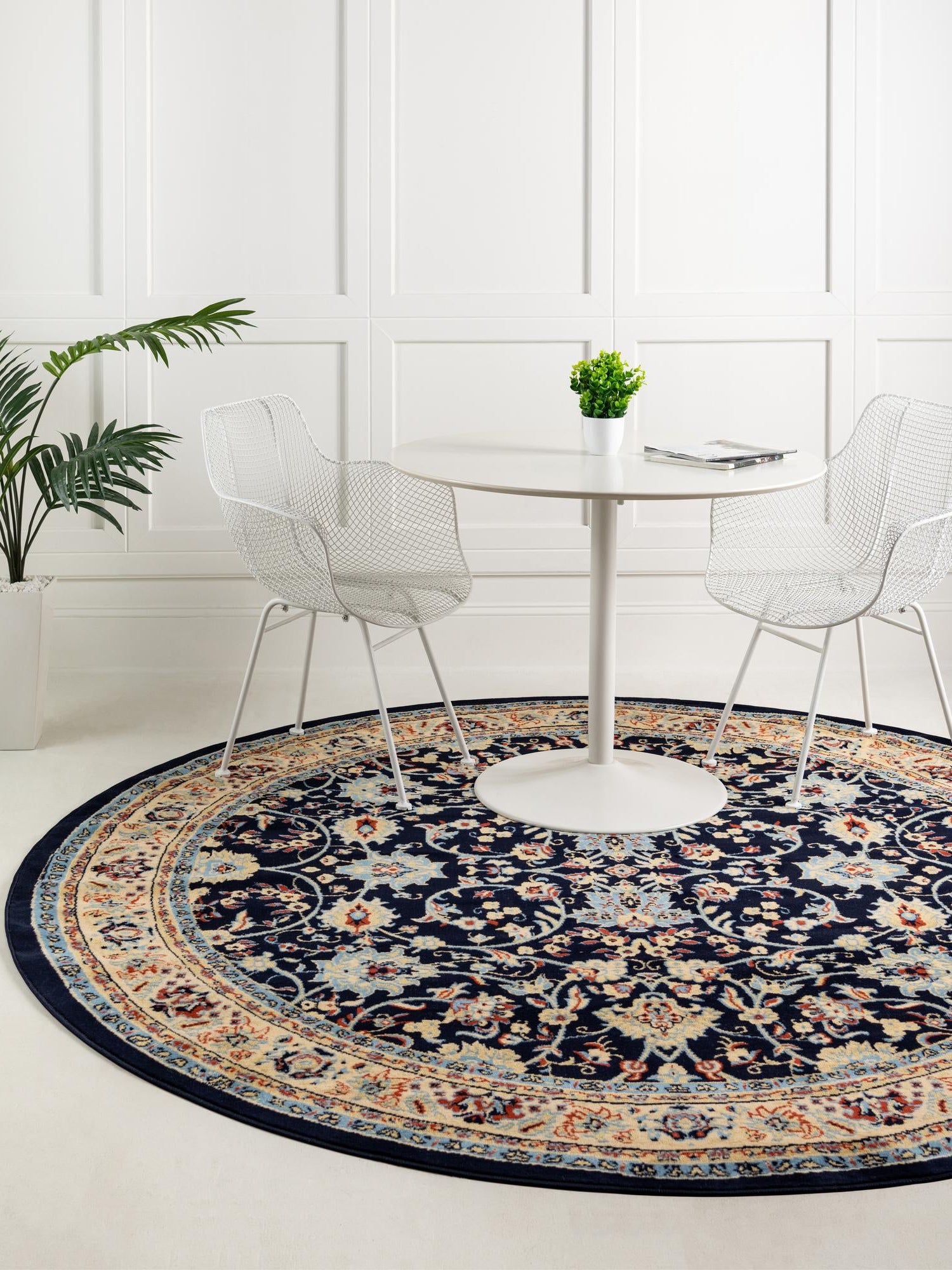 Navy Blue 4' 1 x 4' 1 Sialk Hill Round Area Rug 100% Polypropylene Durable Easy Clean Classic Traditional Design Carpet for Interior Design for Sale at Rug Engine