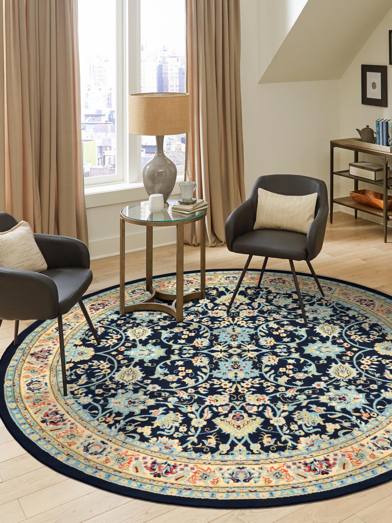 Navy Blue 4' 1 x 4' 1 Sialk Hill Round Area Rug 100% Polypropylene Durable Easy Clean Classic Traditional Design Carpet for Interior Design for Sale at Rug Engine