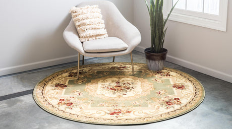 Green 4' 1 x 4' 1 Versailles Round Area Rug Classic Traditional Motif Indoor Carpet for Hallways, Dining Rooms, Bedrooms, Living Room, Office for Sale at Rug Engine