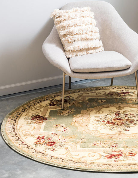 Green 4' 1 x 4' 1 Versailles Round Area Rug Classic Traditional Motif Indoor Carpet for Hallways, Dining Rooms, Bedrooms, Living Room, Office for Sale at Rug Engine
