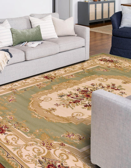 Green 7' 10 x 11' Versailles Rectangle Area Rug Classic Traditional Motif Indoor Carpet for Hallways, Dining Rooms, Bedrooms, Living Room, Office for Sale at Rug Engine