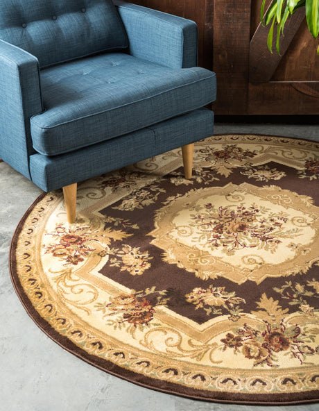 Brown 6' 1 x 6' 1 Versailles Round Area Rug Classic Traditional Motif Indoor Carpet for Hallways, Dining Rooms, Bedrooms, Living Room, Office for Sale at Rug Engine