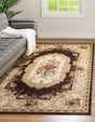 Brown 7' 10 x 11' Versailles Rectangle Area Rug Classic Traditional Motif Indoor Carpet for Hallways, Dining Rooms, Bedrooms, Living Room, Office for Sale at Rug Engine