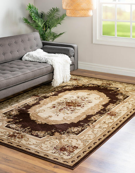 Brown 7' 10 x 11' Versailles Rectangle Area Rug Classic Traditional Motif Indoor Carpet for Hallways, Dining Rooms, Bedrooms, Living Room, Office for Sale at Rug Engine