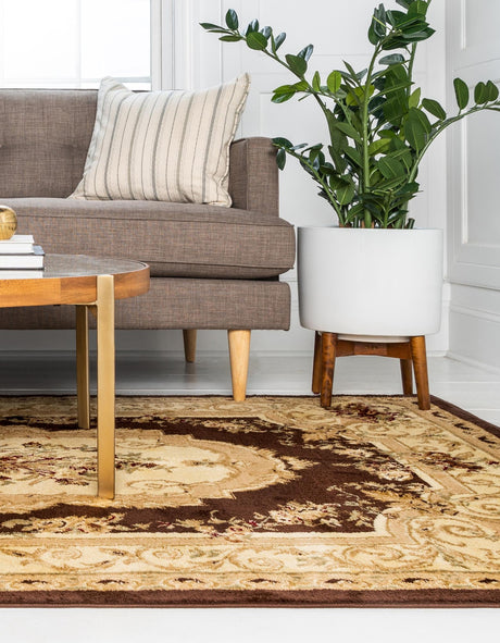 Brown 7' 10 x 11' Versailles Rectangle Area Rug Classic Traditional Motif Indoor Carpet for Hallways, Dining Rooms, Bedrooms, Living Room, Office for Sale at Rug Engine