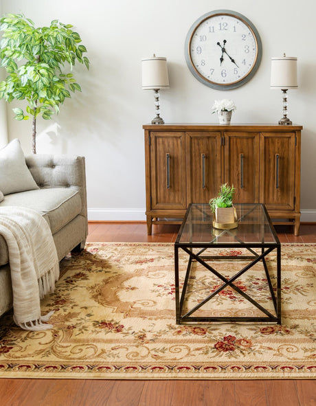 Cream 7' 10 x 10' Versailles Rectangle Area Rug Classic Traditional Motif Indoor Carpet for Hallways, Dining Rooms, Bedrooms, Living Room, Office for Sale at Rug Engine