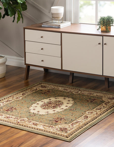 Green 4' 1 x 4' 1 Versailles Square Area Rug Classic Traditional Motif Indoor Carpet for Hallways, Dining Rooms, Bedrooms, Living Room, Office for Sale at Rug Engine