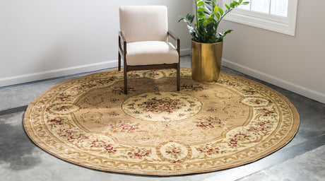 Tan 6' 1 x 6' 1 Versailles Round Area Rug Classic Traditional Motif Indoor Carpet for Hallways, Dining Rooms, Bedrooms, Living Room, Office for Sale at Rug Engine