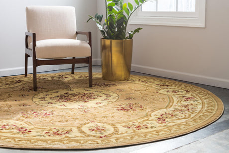 Tan 6' 1 x 6' 1 Versailles Round Area Rug Classic Traditional Motif Indoor Carpet for Hallways, Dining Rooms, Bedrooms, Living Room, Office for Sale at Rug Engine