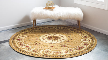 Tan 6' 1 x 6' 1 Versailles Round Area Rug Classic Traditional Motif Indoor Carpet for Hallways, Dining Rooms, Bedrooms, Living Room, Office for Sale at Rug Engine