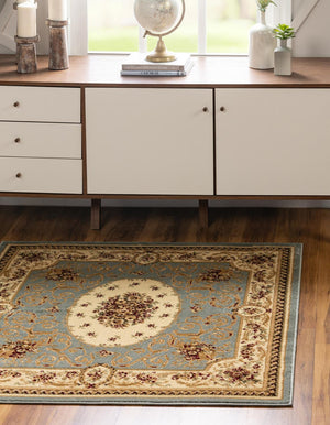 Light Blue 4' 1 x 4' 1 Versailles Square Area Rug Classic Traditional Motif Indoor Carpet for Hallways, Dining Rooms, Bedrooms, Living Room, Office for Sale at Rug Engine