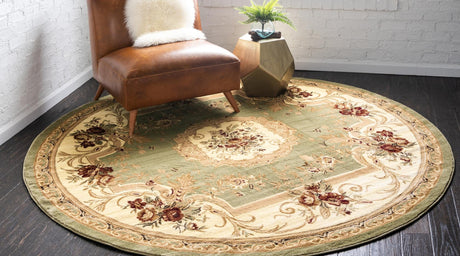 Green 7' 1 x 7' 1 Versailles Round Area Rug Classic Traditional Motif Indoor Carpet for Hallways, Dining Rooms, Bedrooms, Living Room, Office for Sale at Rug Engine
