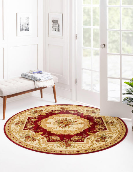Red 7' 1 x 7' 1 Versailles Round Area Rug Classic Traditional Motif Indoor Carpet for Hallways, Dining Rooms, Bedrooms, Living Room, Office for Sale at Rug Engine