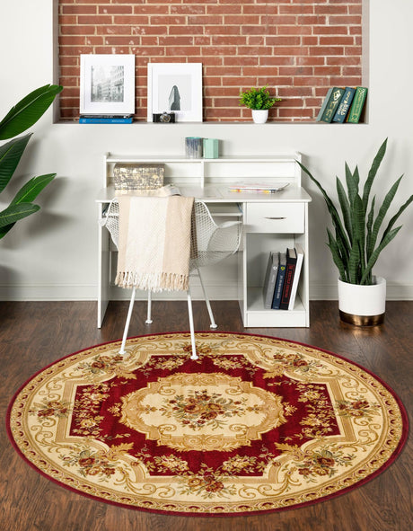 Red 7' 1 x 7' 1 Versailles Round Area Rug Classic Traditional Motif Indoor Carpet for Hallways, Dining Rooms, Bedrooms, Living Room, Office for Sale at Rug Engine