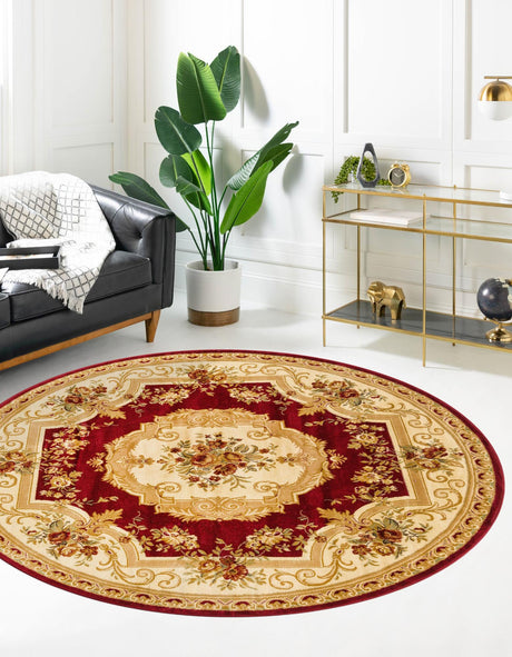 Red 6' 1 x 6' 1 Versailles Round Area Rug Classic Traditional Motif Indoor Carpet for Hallways, Dining Rooms, Bedrooms, Living Room, Office for Sale at Rug Engine