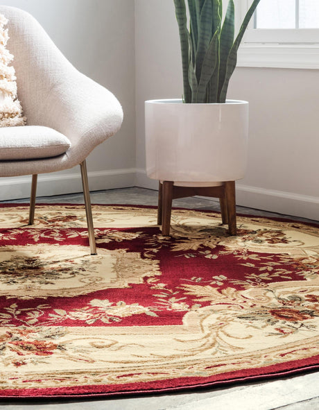 Red 7' 1 x 7' 1 Versailles Round Area Rug Classic Traditional Motif Indoor Carpet for Hallways, Dining Rooms, Bedrooms, Living Room, Office for Sale at Rug Engine